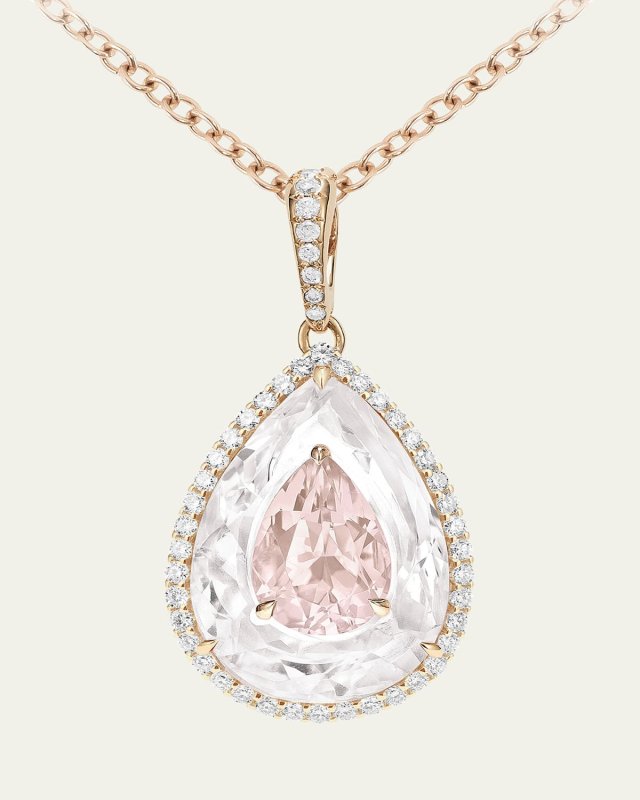 18K Rose Gold Inlay Shine Pendant with Morganite, Rock Crystal and Diamonds